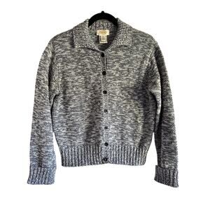 Talbots Vintage Marled Cotton Navy White Collared Cardigan Rag Sweater Size M